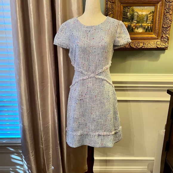 NWOT Eliza J Light Blue Tweed Sheath Dress Eyelash Fringe Trim Size 12 - Picture 8 of 11